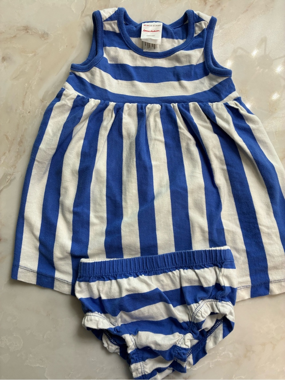 Hanna Andersson Striped Blue & White Baby Dress with Matching Bloomer